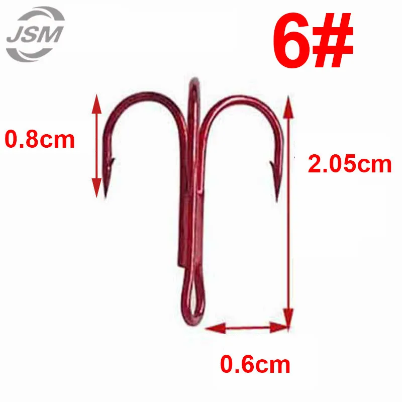 Red 6 JSM 100 шт. 35647 Высокоуглеродистая сталь тройные рыболовные крючки черные красные круглые изогнутые тройные искусственные приманка на рыболовные крючки Размер 2 4 6 8 10 - Цвет: Red 6
