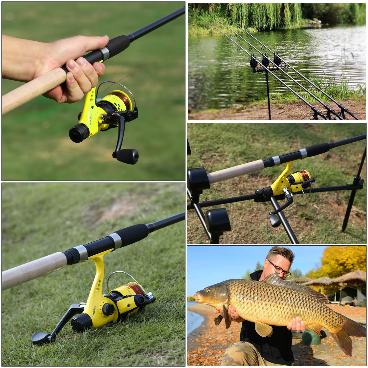 Sougayilang 6 Section Spinning Fishing Rod Combo M Power Carbon Fiber Fishing Rod with 11+1BB Carp Fishing Reel Pesca
