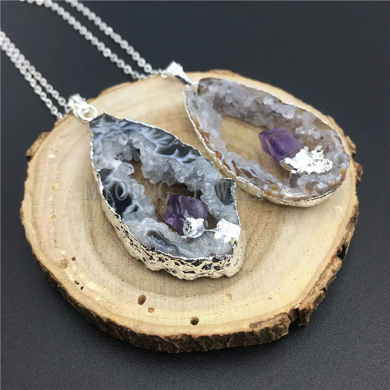Natural Agates Geode Druzy Slice Pendant with Amethysts Point Embedded Necklace Silver Electroplated Edges And Chain MY0855 | Украшения и