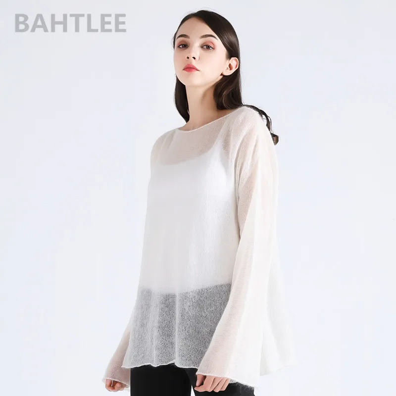Женский трикотажный свитер BAHTLEE тонкий из мохера с расклешенными рукавами и