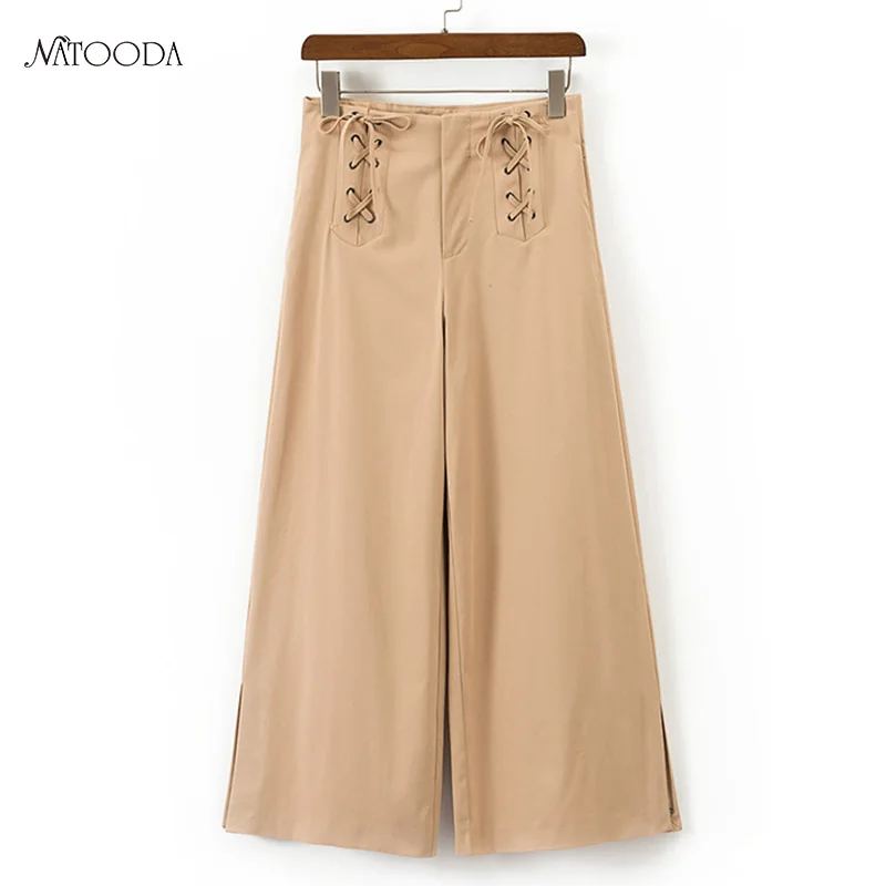 Natooda 2017 Винтаж одноцветное Цвет Кружево до Высокая Талия Широкие брюки Для женщин