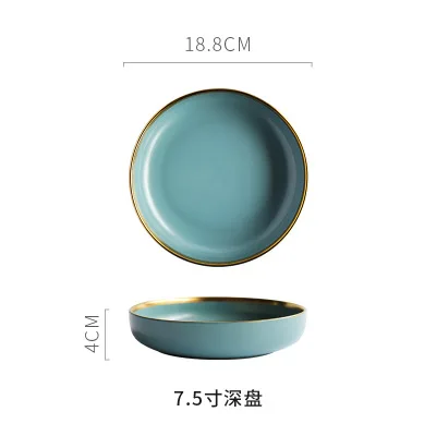 Blue 7.5 Inch Deep Нордическая Золотая оправа, керамические стейки, западное блюдо, китайские тарелки, домашние блюда, креативная фарфоровая тарелка, фруктовое блюдо, десертная посуда - Цвет: Blue 7.5 Inch Deep