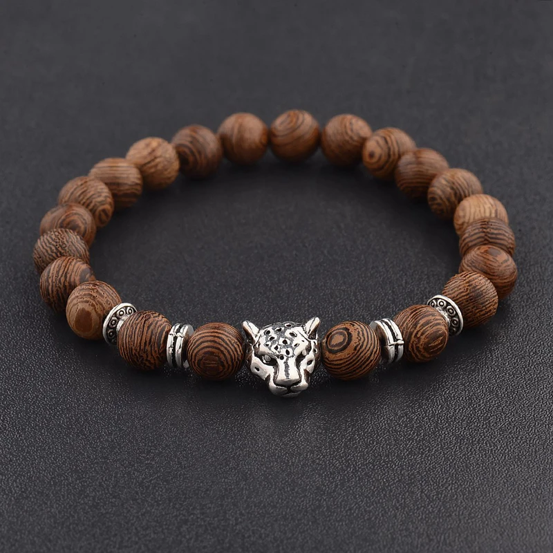 Men's Strand Bracelets Elastic Band Leopard head Wooden Beads Silver Color Buddha Beaded | Украшения и аксессуары