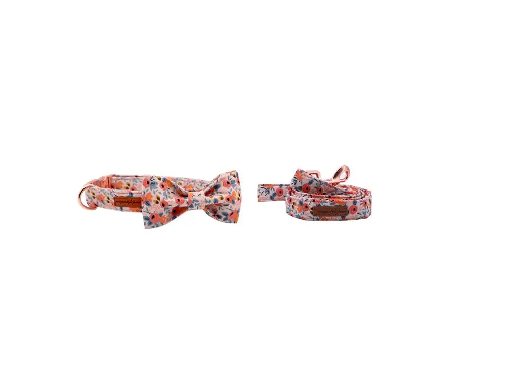 collar bow and leash Уникальный стиль собачьи лапы воротник розовая роза цветочный принт хлопок ткань ошейник и бант - Цвет: collar bow and leash