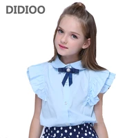 kids shirts for girls summer petal sleeve blouses child solid shirts school girls blue tops 4 6 8 10 12 14 years teenage blouses
