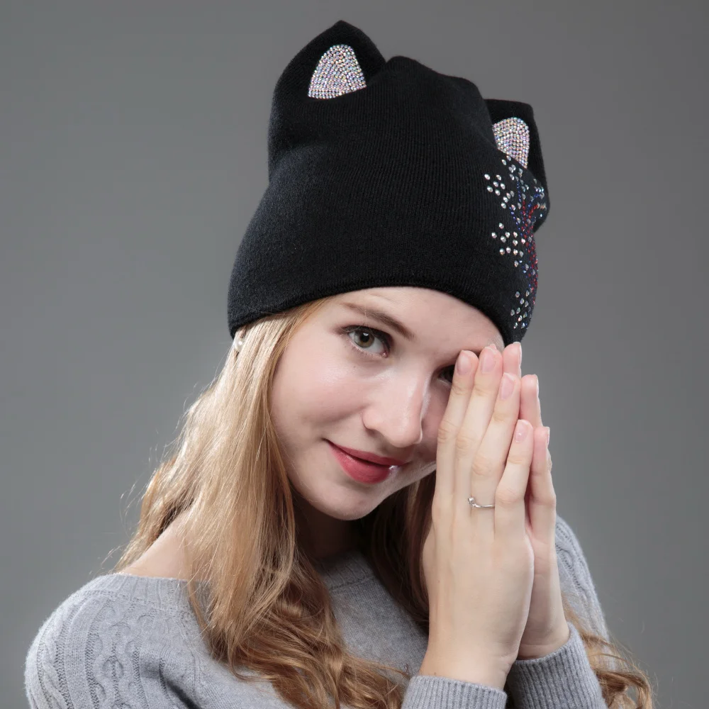 OHCOXOC, дизайн, женские шапочки, Skullies, Милая принцесса, для девочек, Осень-зима, шапка на Рождество, с кошачьими ушками, снежинки, стразы