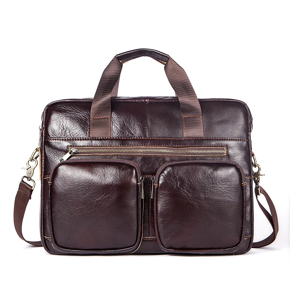 

True Leather Man's Briefcase Business Leisure Horizontal Zipper Handbag 14 Inch Computer Bag