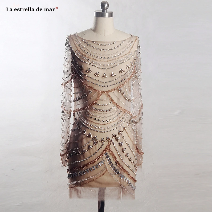 Robe de cocktail2019 новое из кружева, с вырезом на шее с украшением в виде кристаллов Длинные рукава трапециевидной формы бокал для шампанского коктейльное платье с коротким рукавом Роскошные бальное платье на заказ