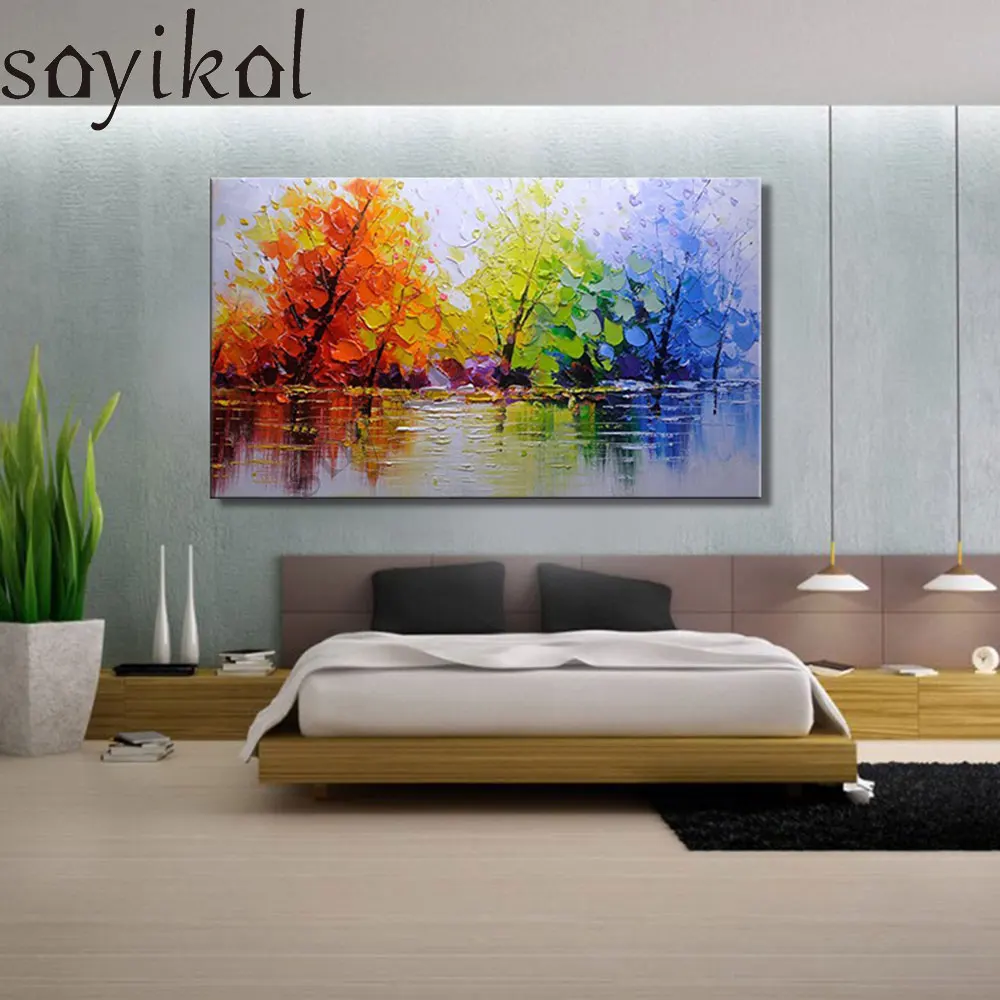 

100% Hand Painted Abstract Colorful Tree Knife Modern Oil Painting On Canvas Handmade Picture Wall Art Home Decor Oil Paintings