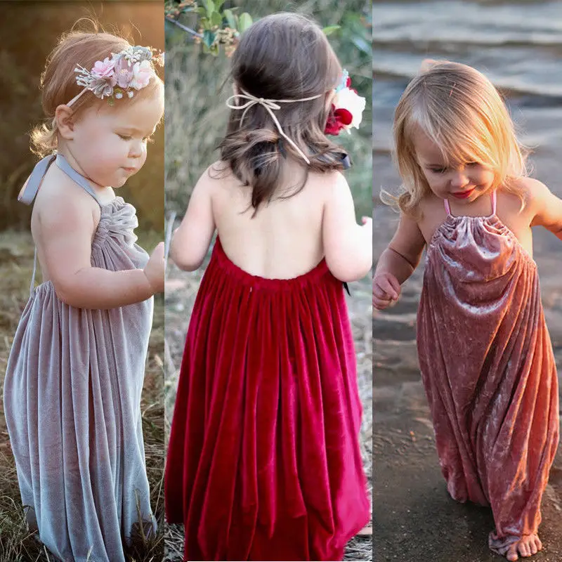 2019 Summer New Princess Girl sleevelss halter lace up Velvet long Dress Sundress Pageant Party Bridesmaid solid lovely Dresses | Детская