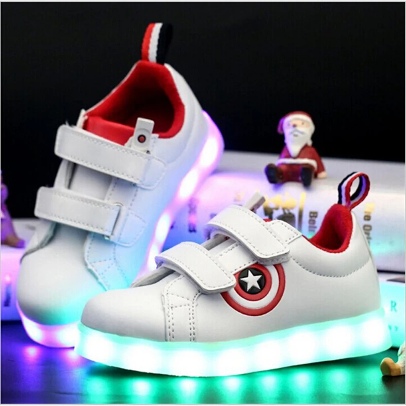 YPYUNA Captain America Children Shoes Light Led luminous Sneakers Boys Girls USB Charging Sport Casual For Kids Glowing | Детская одежда