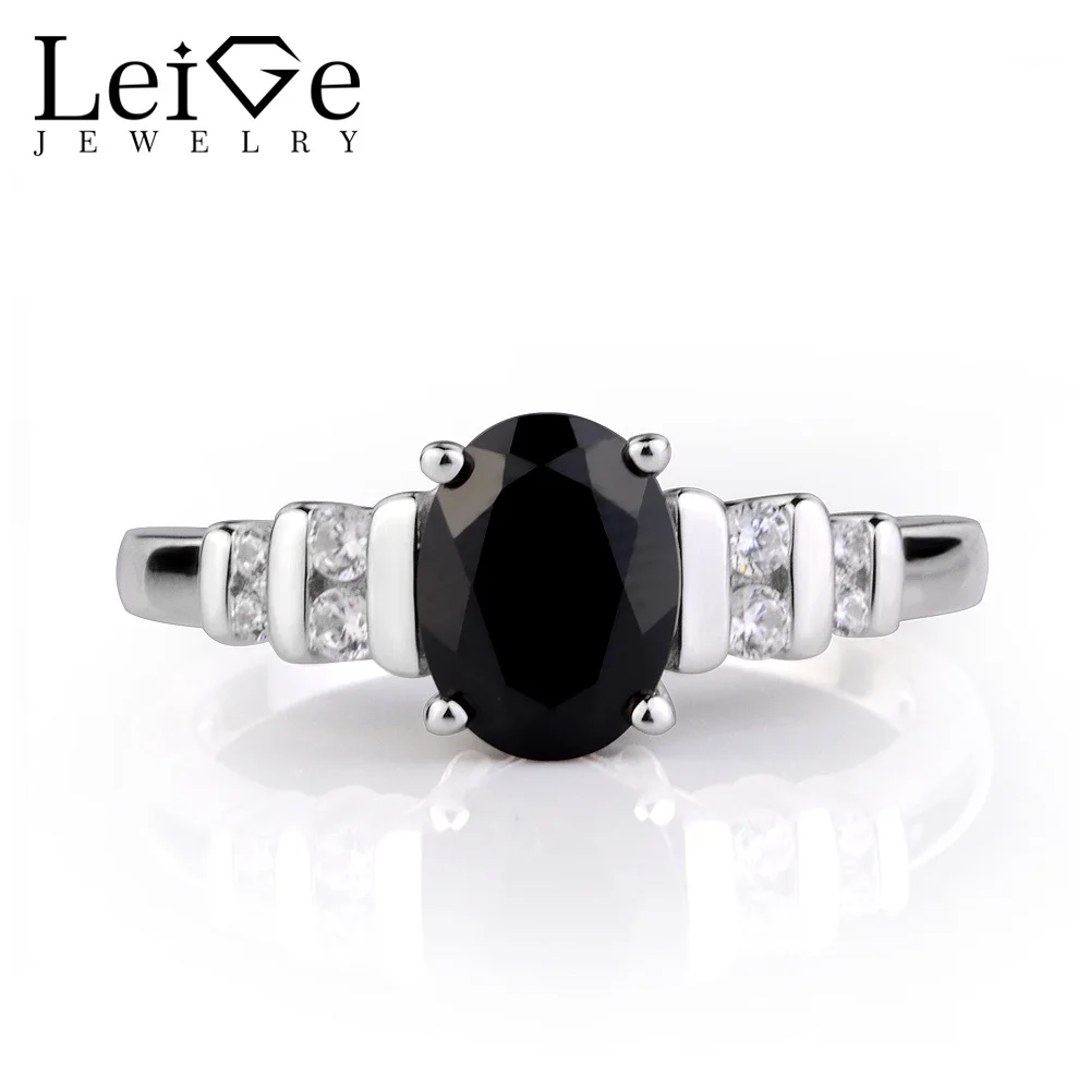 

Leige Jewelry Black Spinel Ring Sterling Silver 925 Black Gemstone Engagement Wedding Rings for Women Oval Cut Fine Jewelry