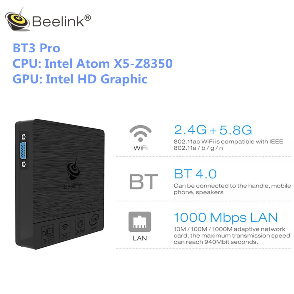Мини-ПК Beelink BT3 Pro Win 10 Intel Atom x5-Z8350 4 Гб DDR3 64 Гб 2,4+ 5,8 ГГц WiFi Bluetooth 4,0 Ethernet 1000 Мбит/с