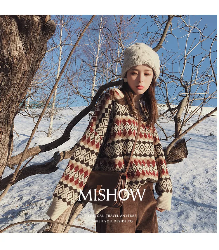 Mishow Теплый вязанный свитер в винтажном стиле с длинными рукавами и круглым вырезом Рождественсккий стиль Новая коолекция осень- зима Материал спандекс, нейлон