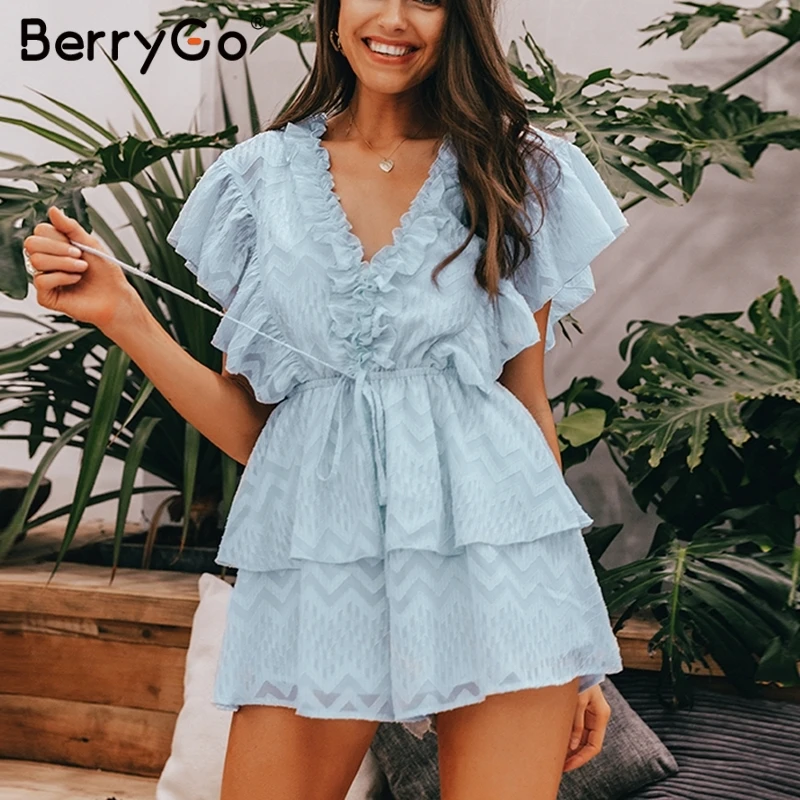 BerryGo повседневный элегантный летний синий комбинезон с рюшами женский