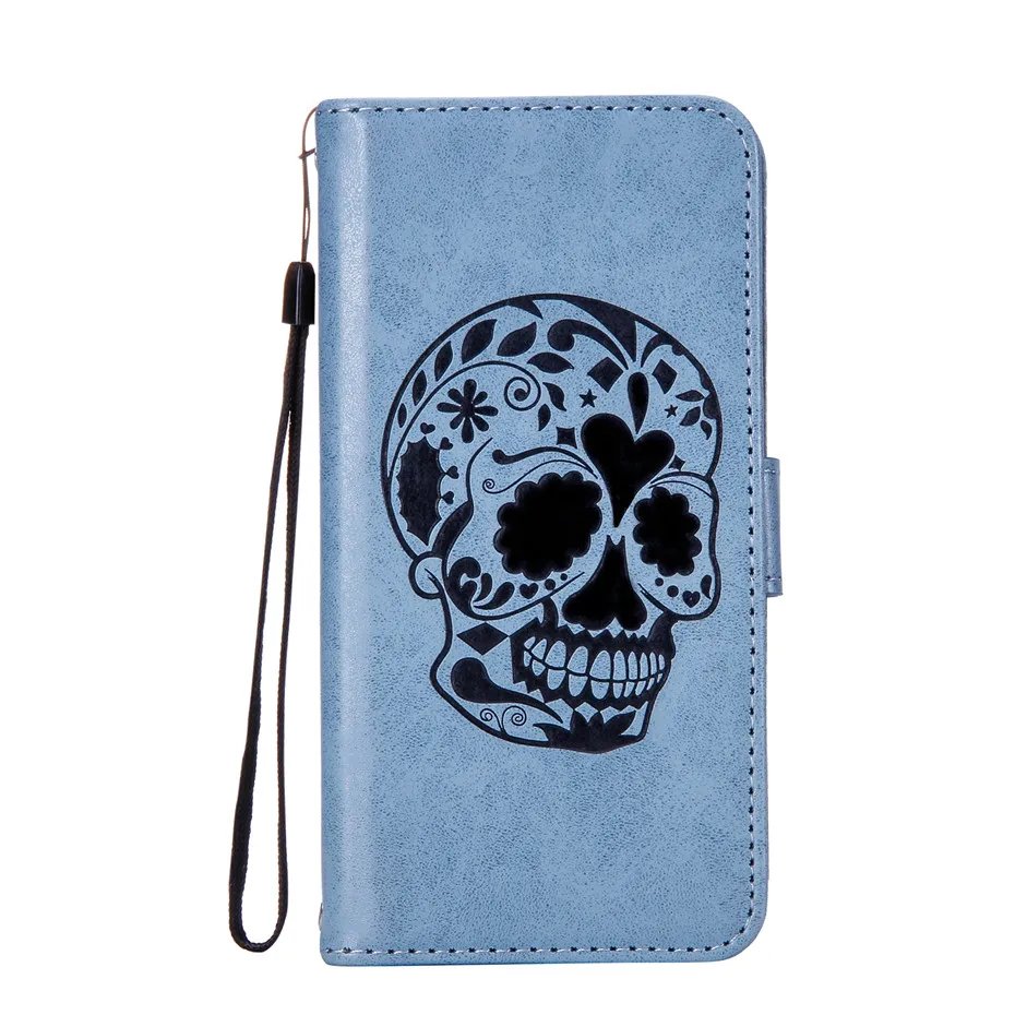 Тиснение череп Флип из искусственной кожи Кошелек слот для карты ремешок чехол
