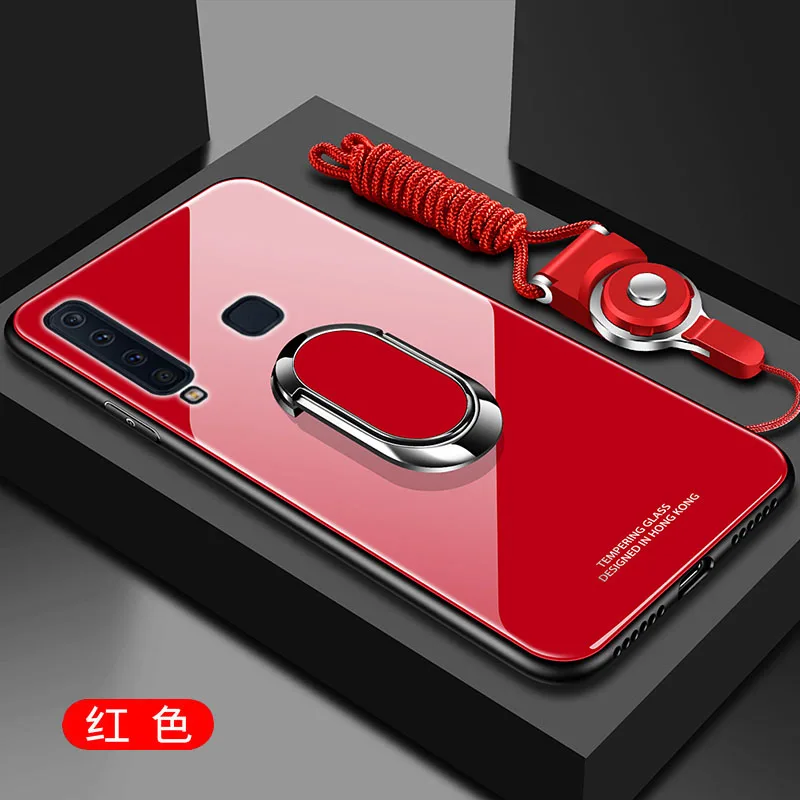 red Чехол для Samsung Galaxy A6 A7 A8 A9, жесткое закаленное стекло с кольцом-подставкой, Магнитная задняя крышка, чехол для samsung A6 A8 Plus A750 - Цвет: red