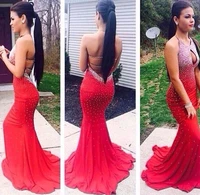 new sexy sparkly red mermaid prom dresses sequins beading robe de soiree with halter neck backless custom evening party gown