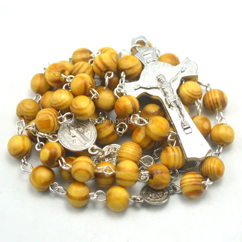 Светлая китайская сосна Розария 6 мм круглая бисерная Католическая папа крест |