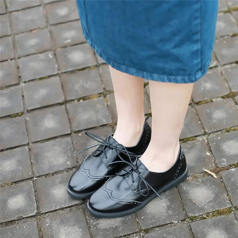 

CONASCO New Women Cow Leather Brogue Shoes Low Heeled Lace Up Four Season Basic Pumps Ladies Comfort Casual Shoes Woman