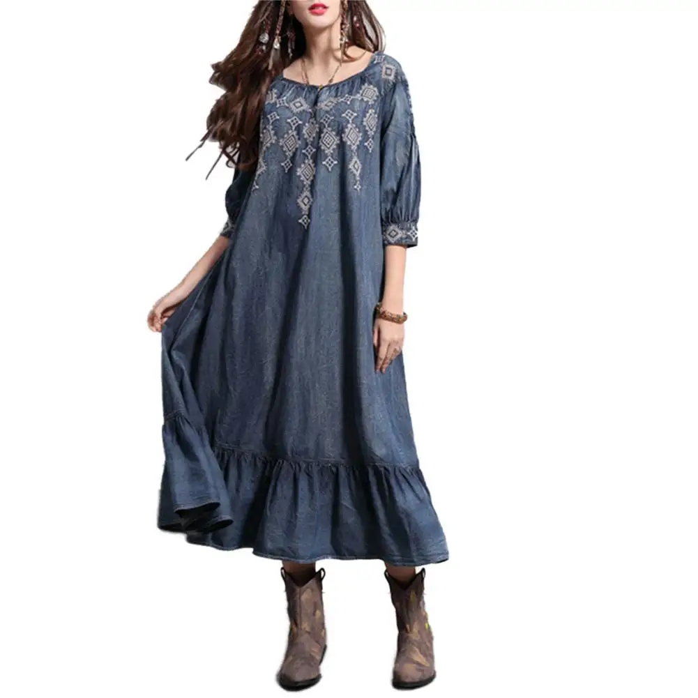 Женское винтажное платье с вышивкой длинное Хлопковое макси оборками и лето 2019 |