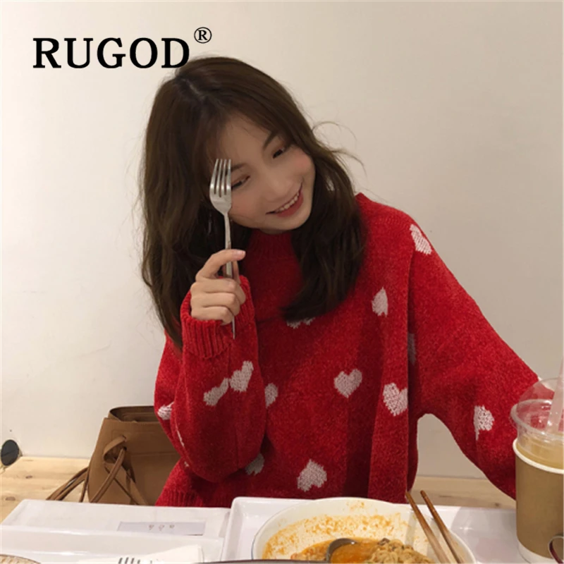 RUGOD Korean chic heart printed women sweater Fashion round neck long sleeve pullovers female Elegant Auturn winter streetwear | Женская