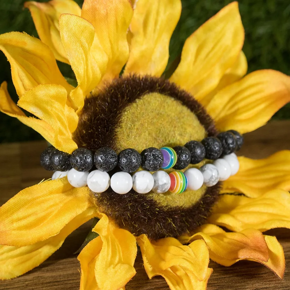 Black White Stone Beads Rainbow Bracelet Natural Lava Howlite For Women Men Couple Best Friend Bangles Jewelry Pulseira Bilekli