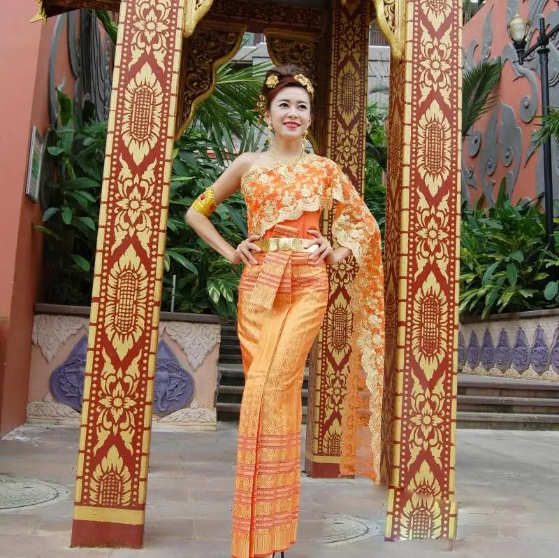 

Chinese minority clothing Yun Nan Dai wear Thailand traditional women costume orange sleeveless single shawl scarf outwear