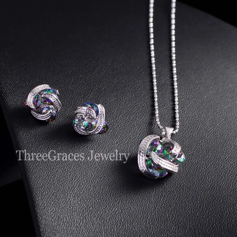 ThreeGraces Trendy Cubic Zirconia Mystic Rainbow Created Ring Necklace Pendant and Earrings Fashion Jewelry Set For Women JS177 | Украшения