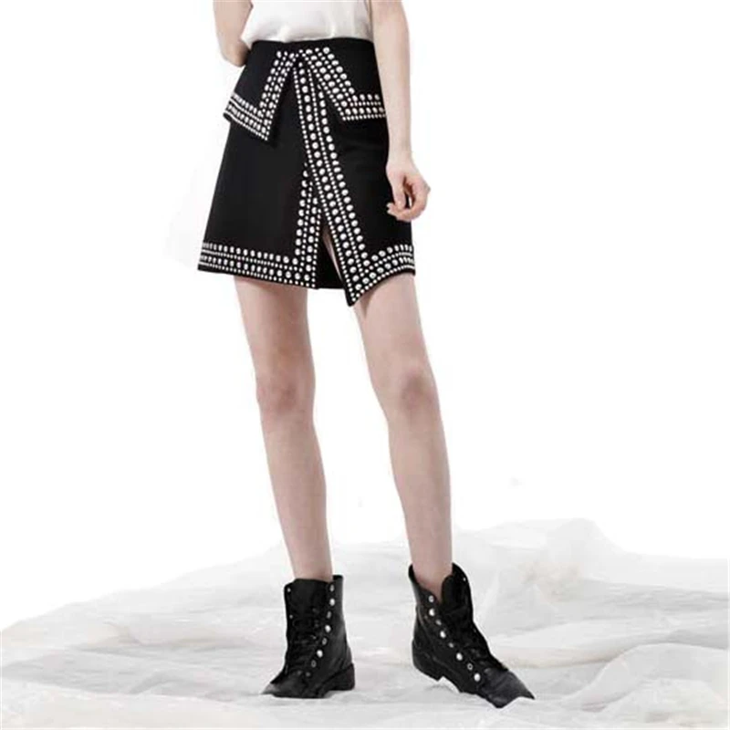

Heavy Punk High Waist Rivet Skirts Beaded Asymmetric Black Short Split Mini Skirt Cool Ladies Casual Sexy Night Club Mini Skirt