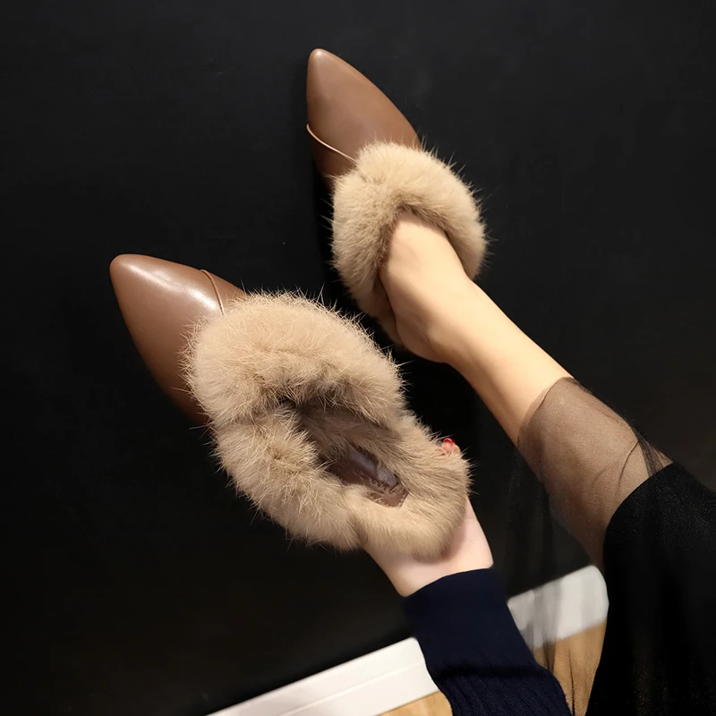 Из искусственной кожи плоские шлёпанцы зимние дизайнерская обувь для женщин