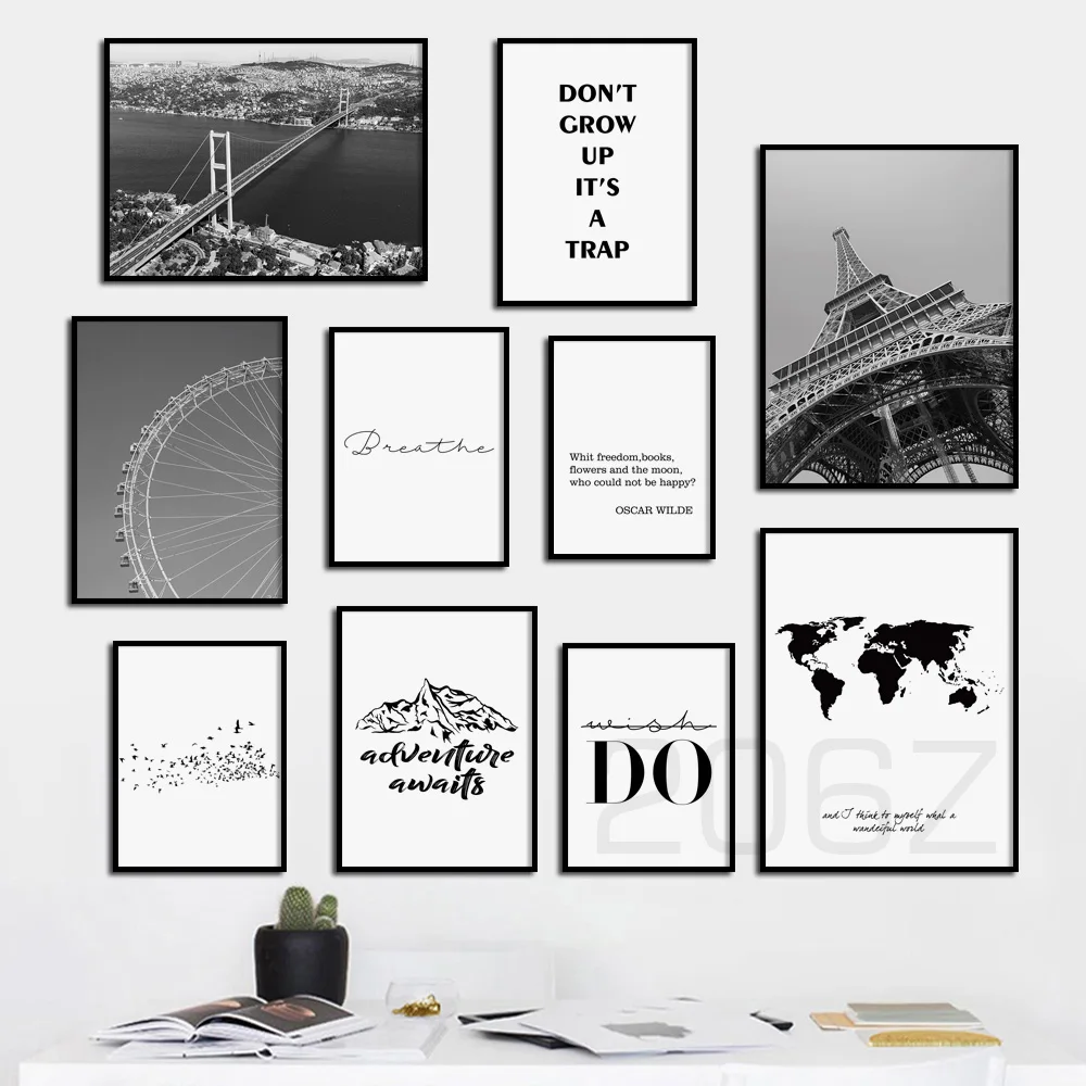 Скандинавский пейзаж постер для путешествий Парижская башня Карта мира с