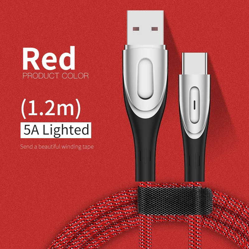 USB 5A type-C кабель для huawei P30 P20 Pro lite для Xiaomi Redmi Note 7 USB быстрая зарядка type-C кабель для samsung Galaxy S10 - Цвет: 1.2m-Red