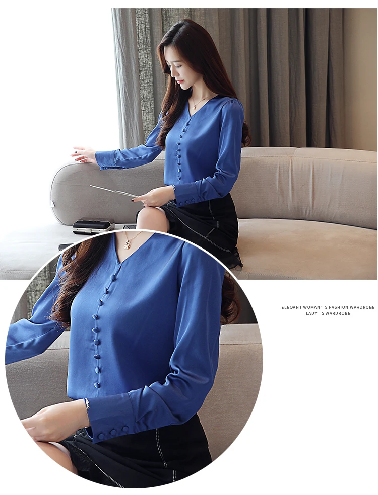 blusas mujer de moda womens tops and blouses women blouses Chiffon Office Lady Full Solid V-Neck tops 1761 50