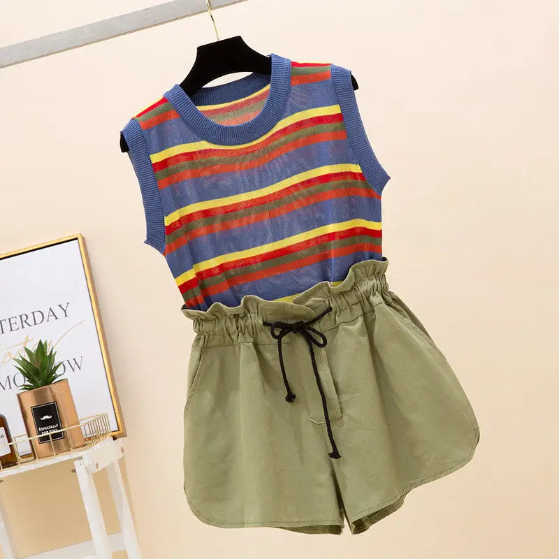 Женский комплект из 2 предметов трикотажный топ и шорты с широкими штанинами |