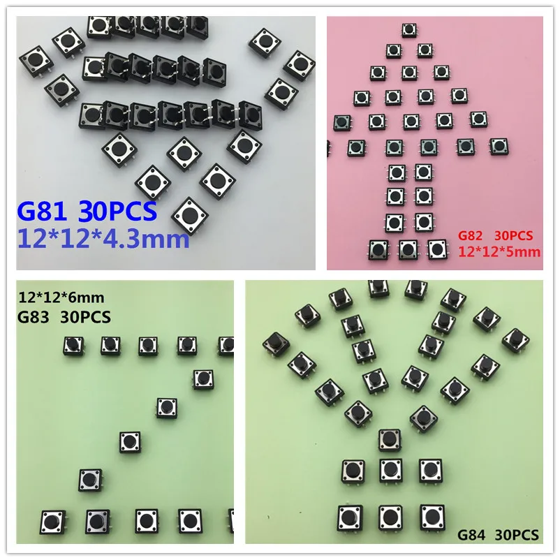 

120PCS/SET YT2070 12*12*xx MM 4PIN 4 Kinds SMT Tactile Tact Push Button Micro Switch Self-reset DIP Top Copper High Quality