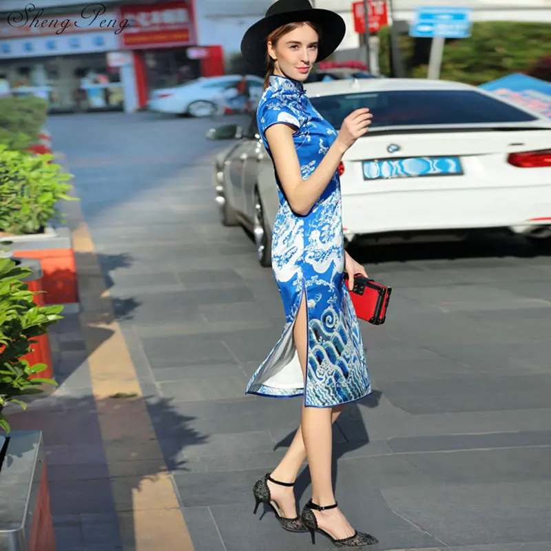 2018 Новое поступление синее китайское женское Ципао стиль Cheongsam традиционное