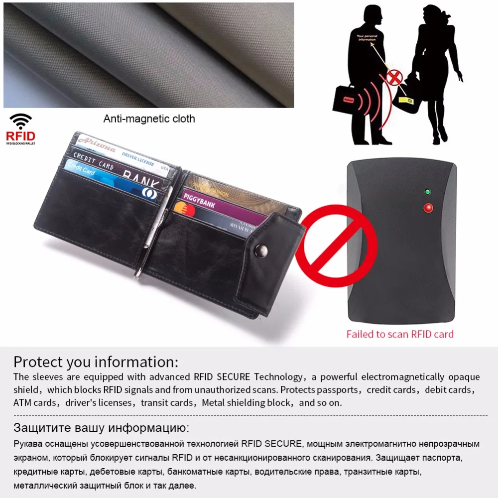 FUZHINIAO 100% натуральная кожа Rfid зажим для денег Двойные мужской кошелек бумажник