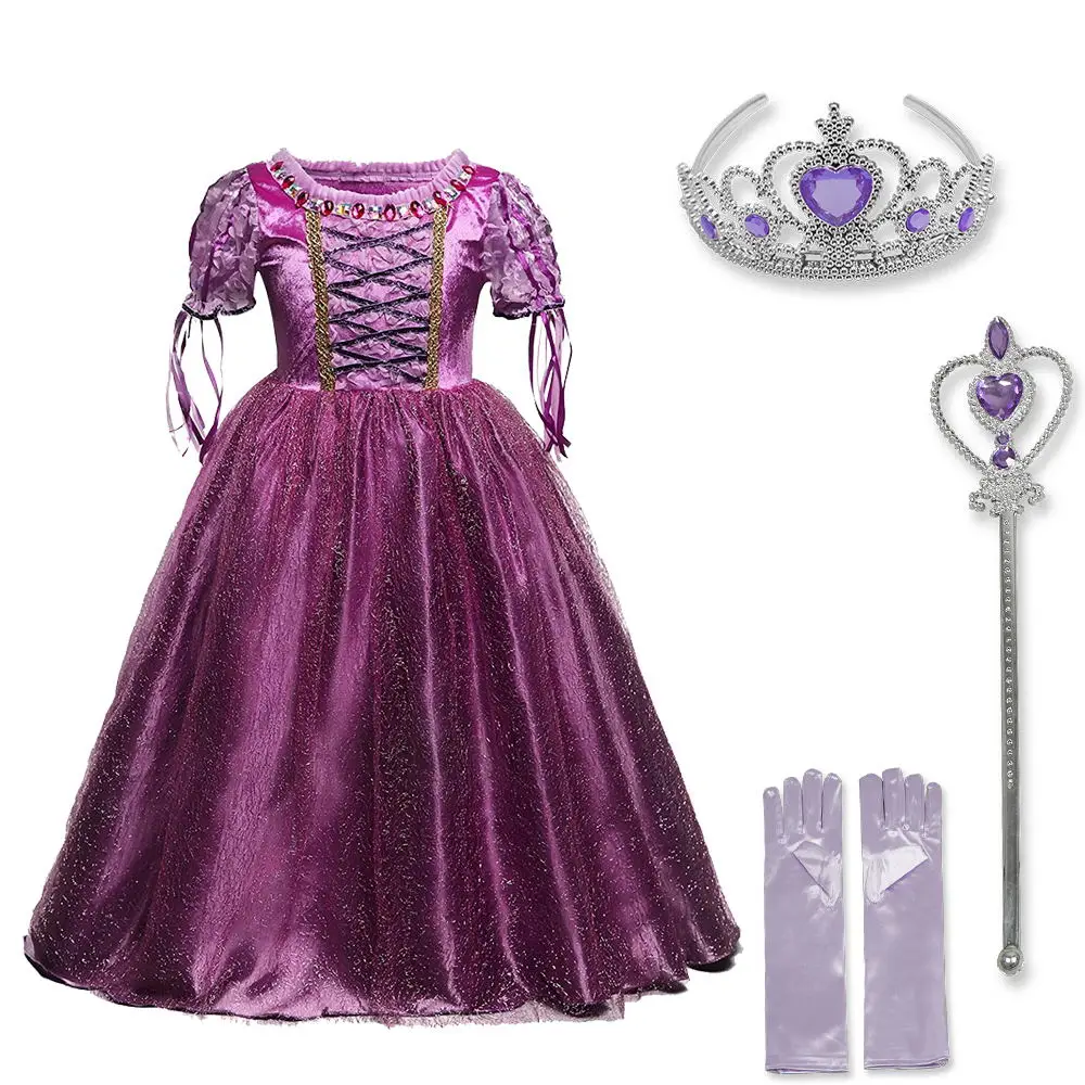 Dress Acc Г. платье принцессы Fancy необычная Одежда для девочек, костюм Авроры Рапунцель нарядный костюм Авроры с блестками на Хэллоуин для детей - Color: Dress Acc