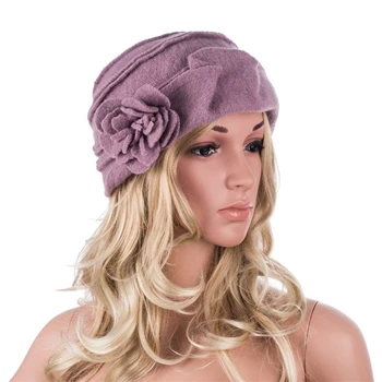 Light Purple Lawliet шерстяная шапка, женские зимние шапки, одноцветные теплые вязаные дамские шапочки с цветком, Skullies Bonnet Femme Bucket Cloche, зимняя шапка A376 - Цвет: Light Purple