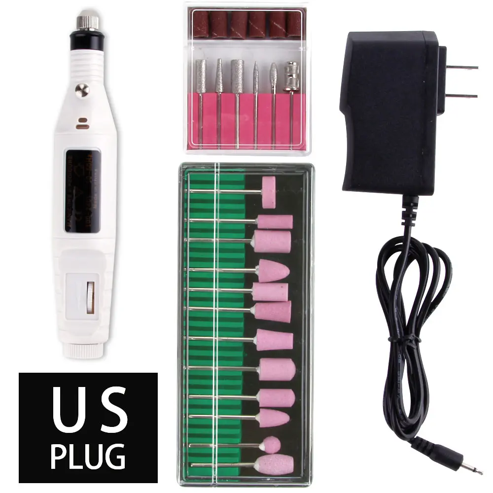 White US Plug 1 Набор мощная профессиональная электрическая дрель для ногтей, маникюрные инструменты, набор керамических сверл, роторные заусенцы, мельница для кутикулы, напильник - Цвет: White US Plug