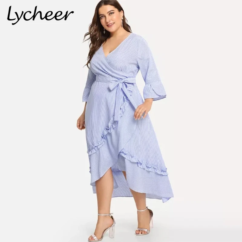 Lycheer Plus асимметричное Полосатое платье-рубашка платья с рукавом-клеш повседневные платья плюс размер сращенная рубашка длинное платье 6XL