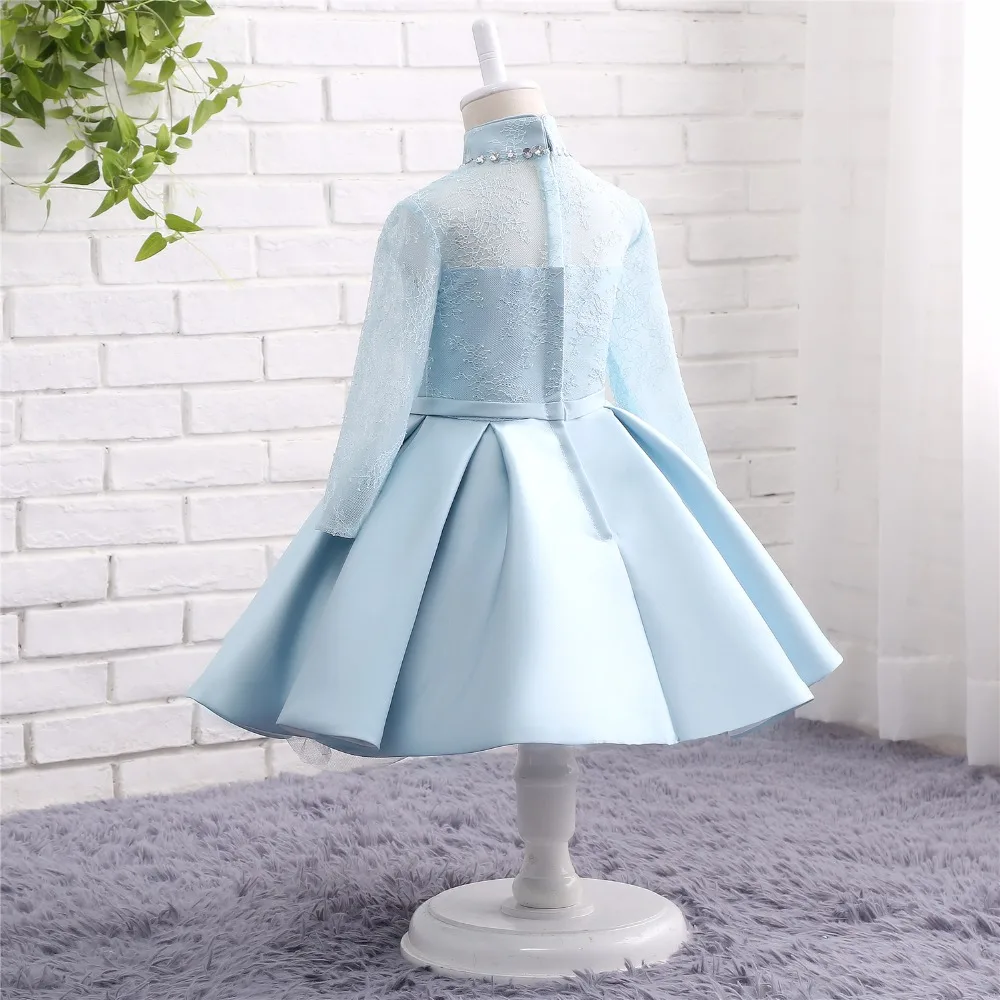 2018 New cheap Flower Girl Dresses Tea Length Satin High Neck Long Sleeve Lace Ball Gown first communion dresses for girls | Свадьбы и