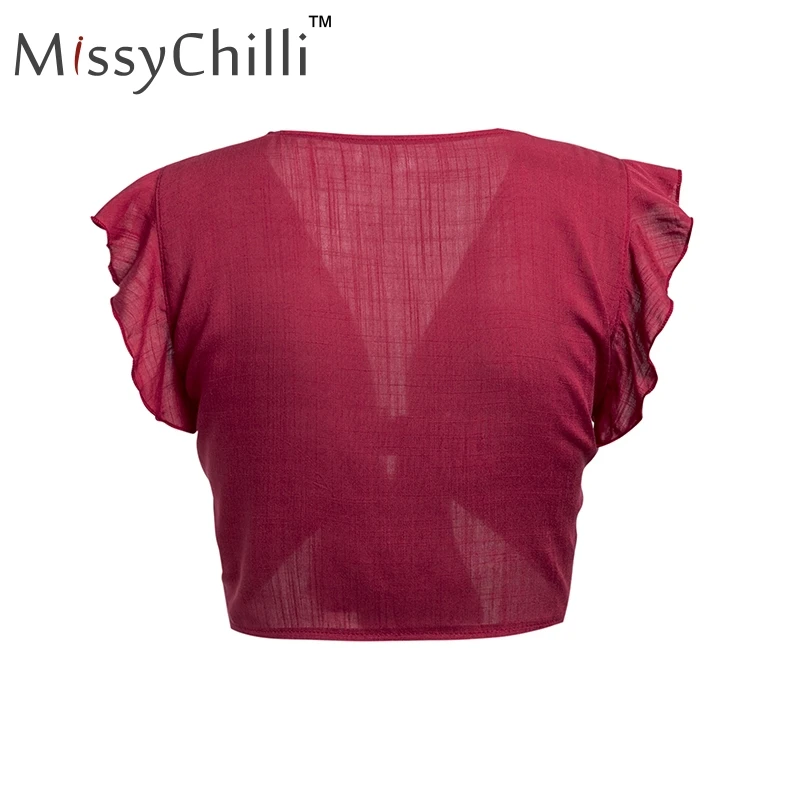 MissyChilli с оборками и бантом, v-образный вырез, плюс размер, женский укороченный топ, красный тонкий бандаж, Осенний топ на бретелях, женский зеленый Фитнес, повседневный Топ, футболка на бретельках