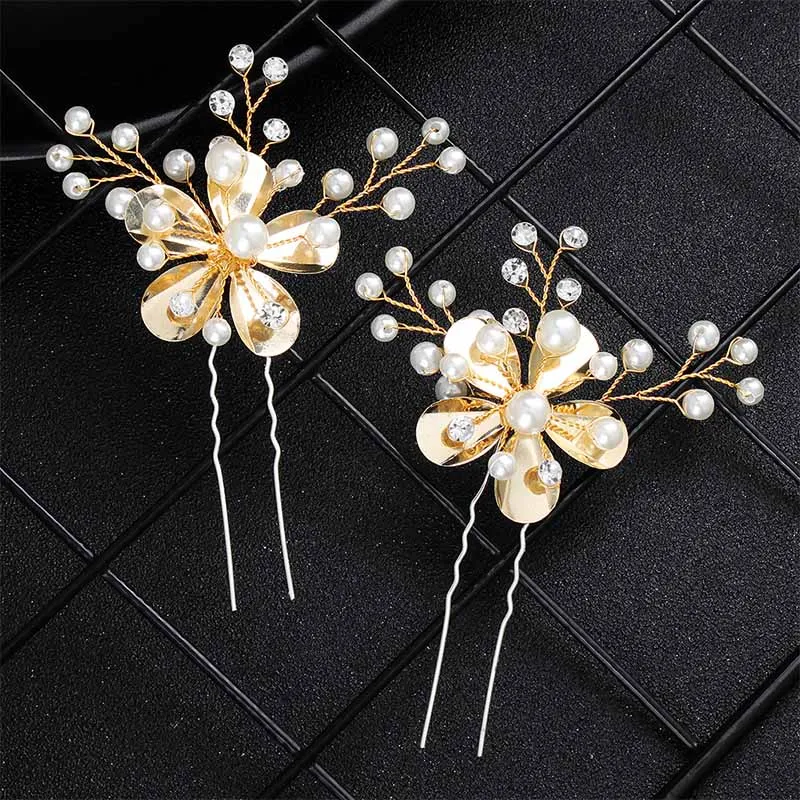2Pcs HS-J5062-Gold QYY, модные жемчужные золотые свадебные аксессуары для волос, цветы, свадебные украшения для волос, заколки для волос, заколки с жемчугом для женщин, головные уборы - Окраска металла: 2Pcs HS-J5062-Gold