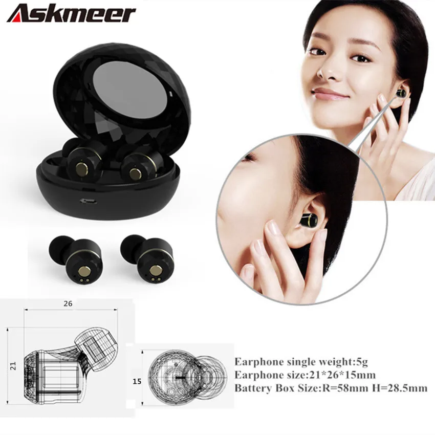 

Askmeer I7S True Wireless Bluetooth наушники-вкладыши TWS с мини гарнитуры близнецов спортивные наушники с микрофоном для iPhone 7 Plus Xiaomi Samsung