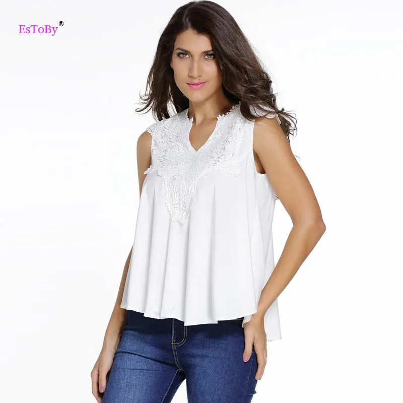 Белый случайный летняя мода женщины дамы плюс размер v шеи без рукавов твердые