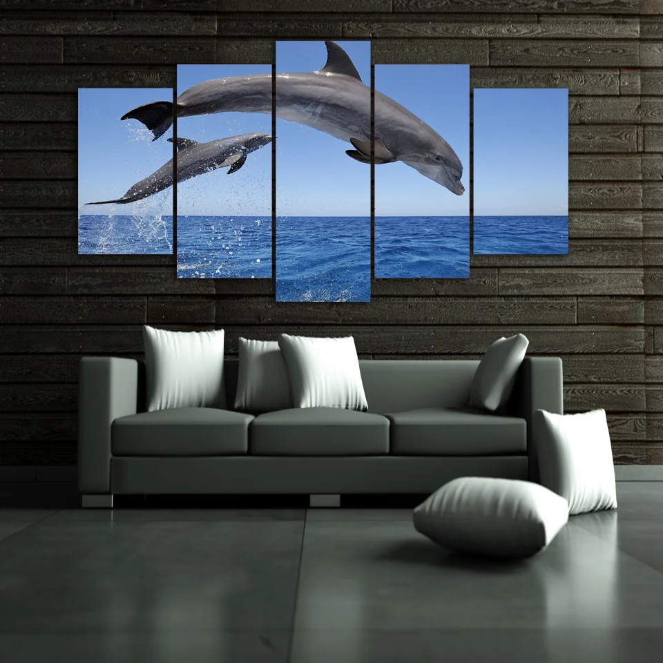 

HD Printed dolphin ocean seascape Painting 5 piece canvas art room decor print poster picture canvas Free shipping/ny-004