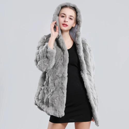 gray Новинка, зимняя куртка из натурального меха Рекс, меховой капюшон, Женская Повседневная шуба из кролика Рекс, натуральный мех кролика Рекс, пальто с капюшоном - Цвет: gray