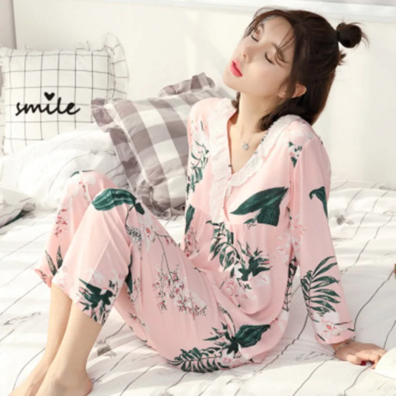 Lace Pajamas Set Casual Sleepwear For Women  Elastic Long Shirt Pants Flower Pyjama Women's 100% Cotton Summer Fashion Home Set